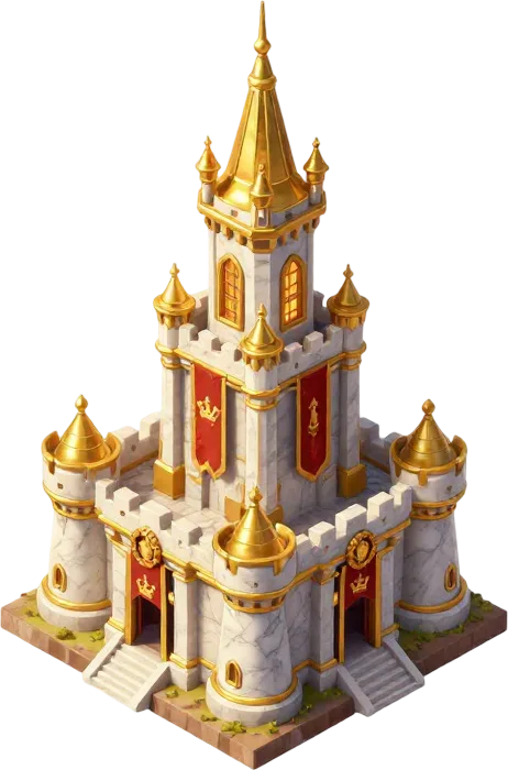 The Founder's Castle skin: white marble and gold with crimson crown banners